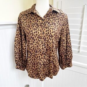 Lauren Ralph Lauren Brown Cheetah Animal Print Puff Sleeve Button Up Blouse
